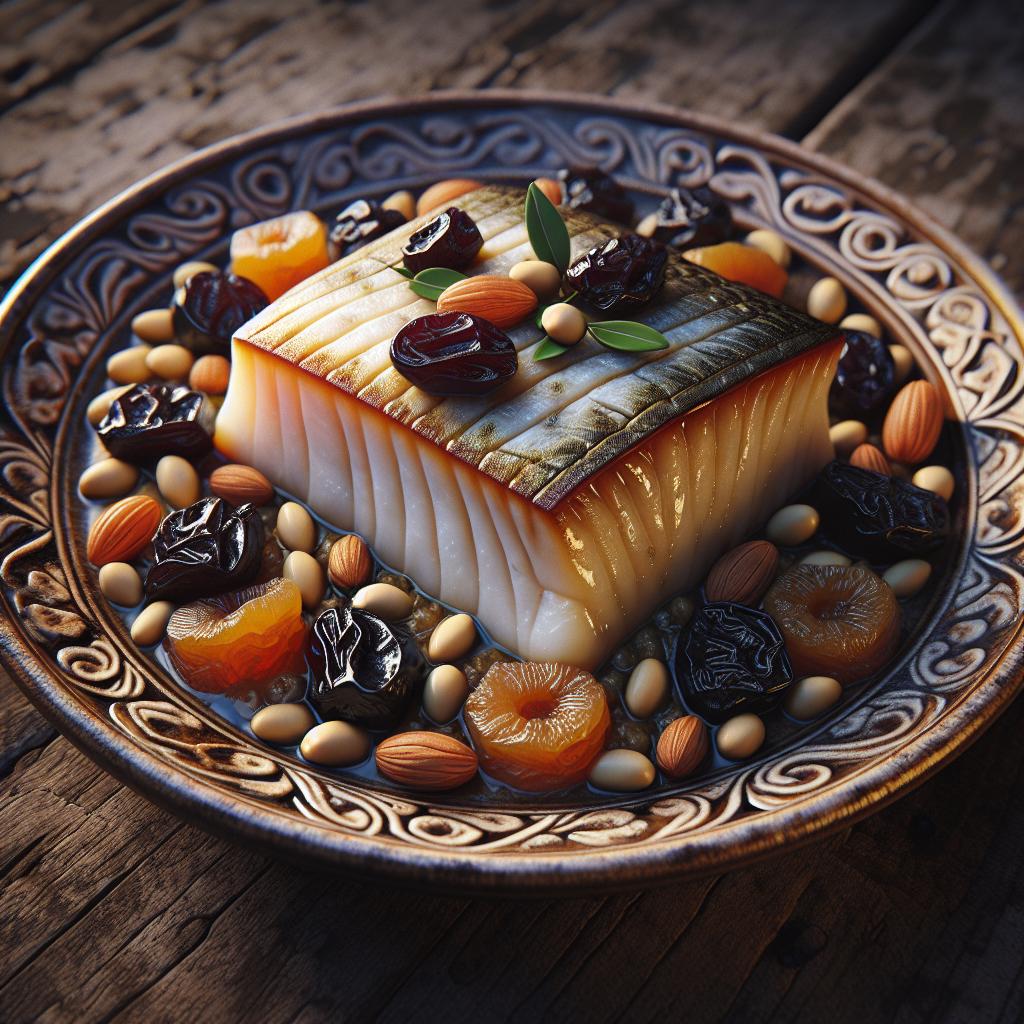 Bacalao con ciruelas, pasas y piñones