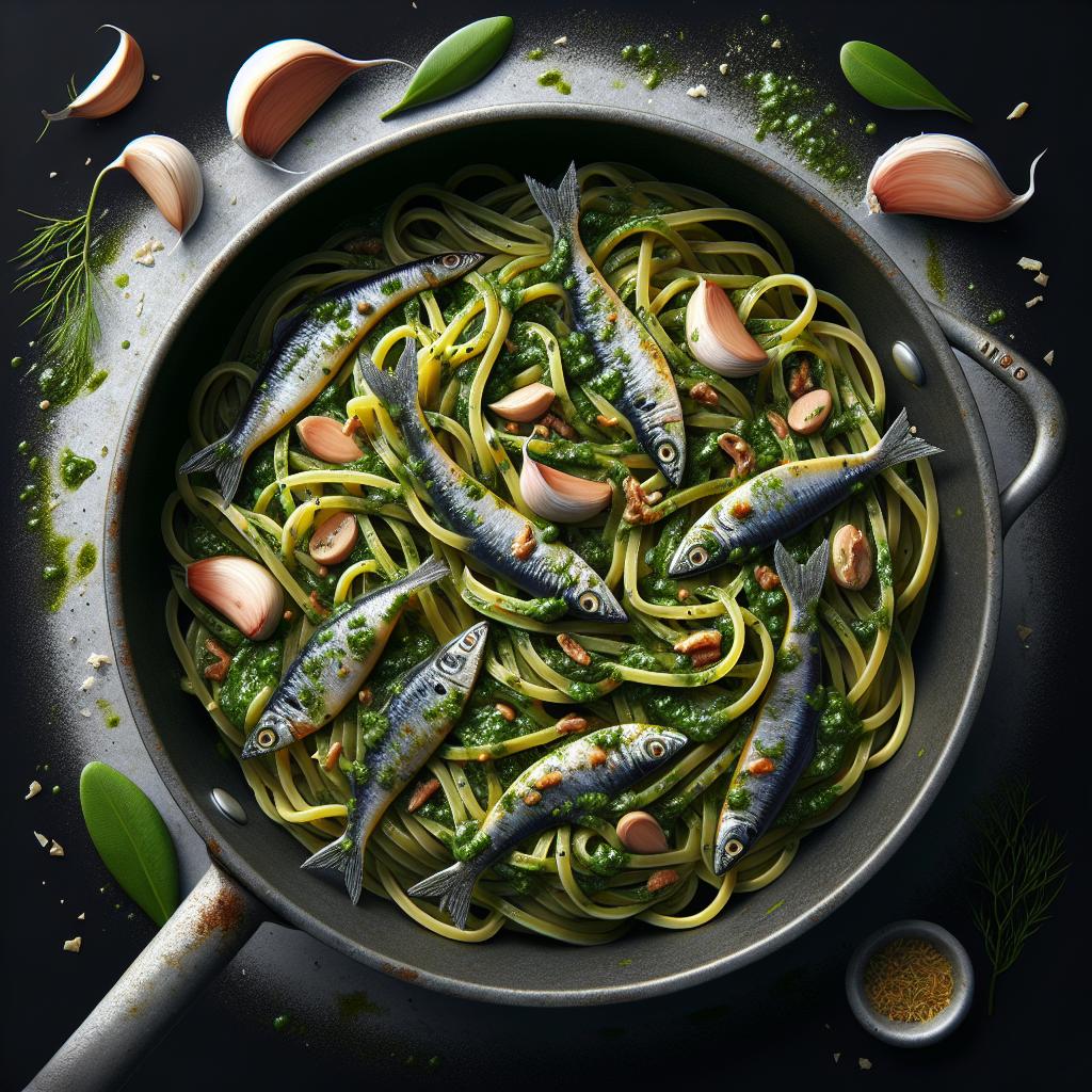 Bavette con anchoas al pesto de hinojo silvestre