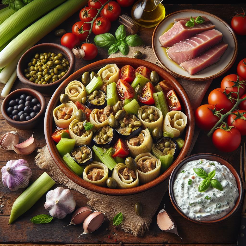 Vasitos de caponata con atún y tzatziki
