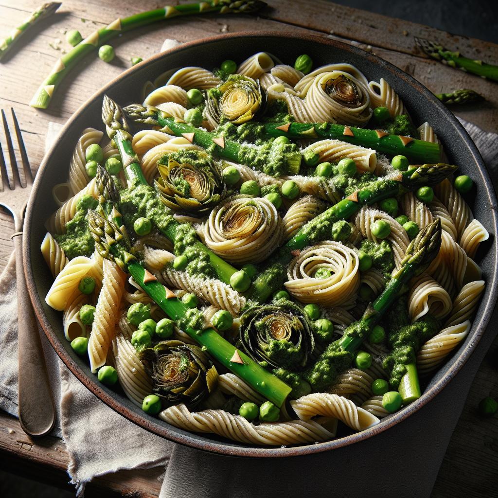 Bigoli con espárragos, alcachofas y pesto de guisantes