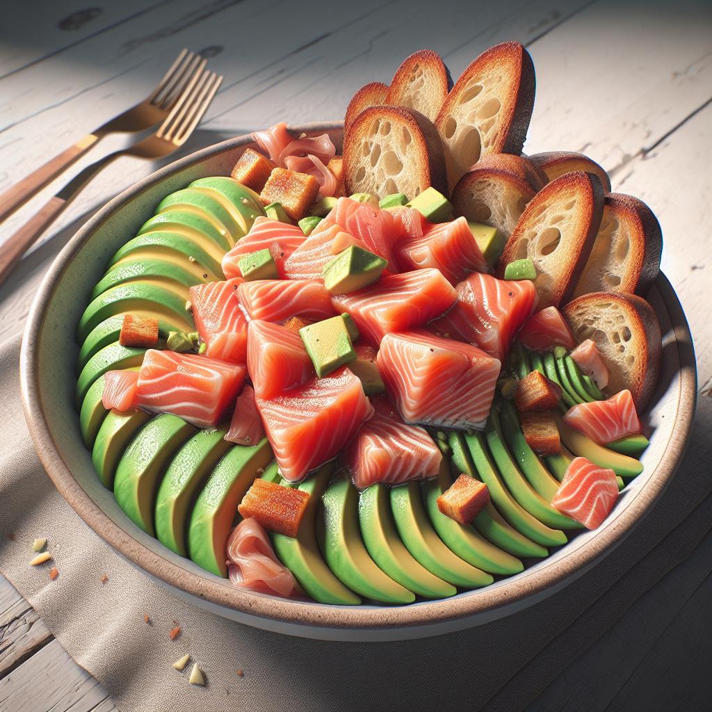 Bowl de salmón, aguacate y crujiente de pan