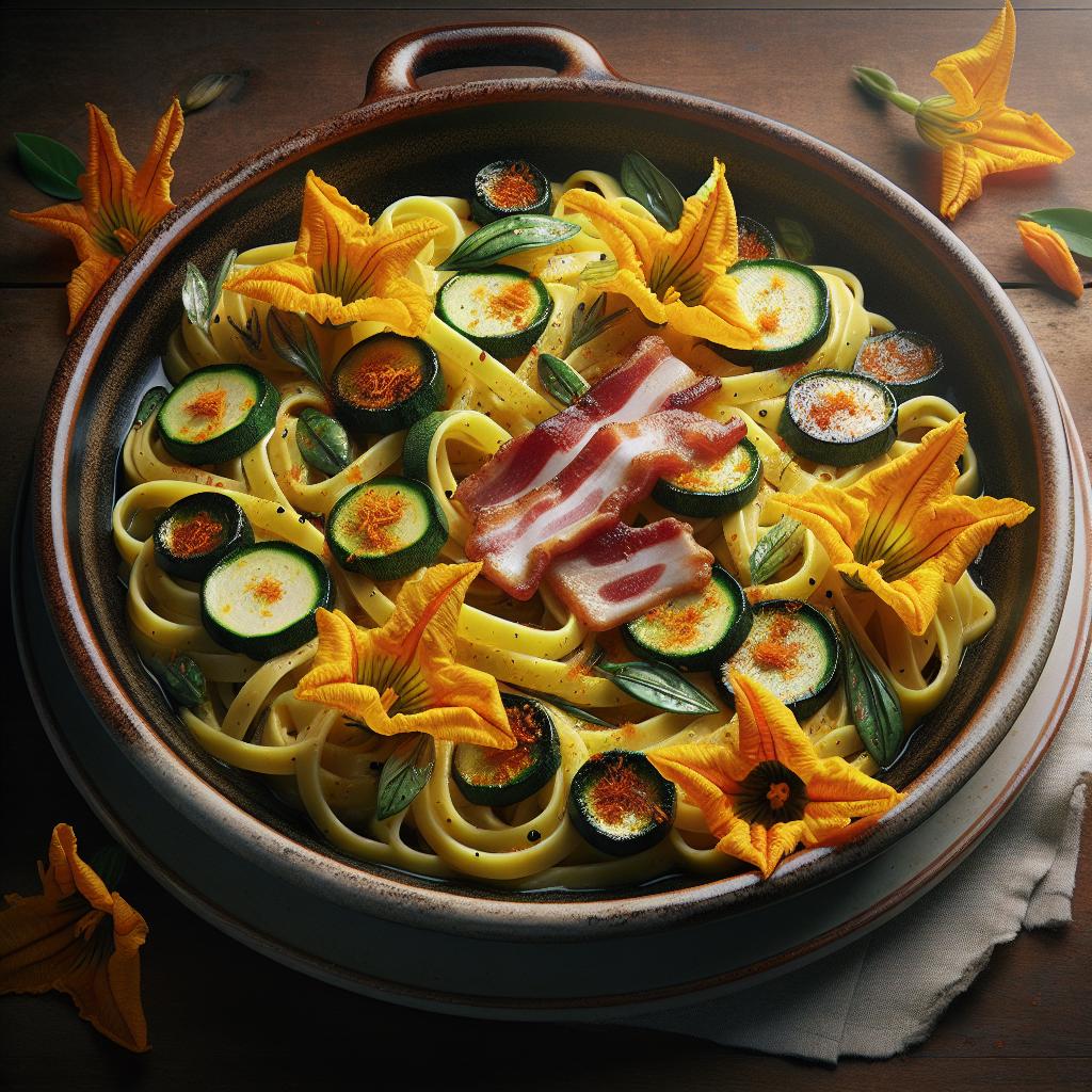 Bucatini con flores de calabacín, guanciale y azafrán