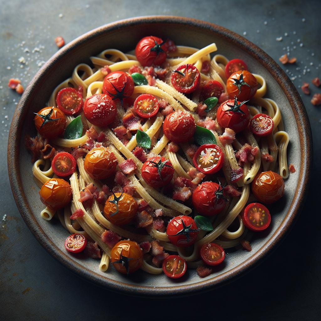 Bucatini con tomates cherry confitados y cubitos de panceta