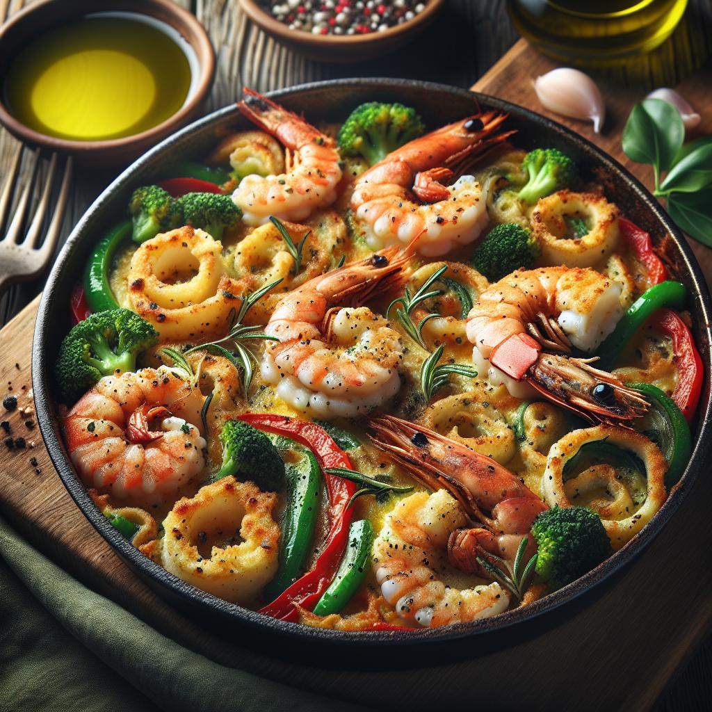 Calamares y gambas gratinados con verduras