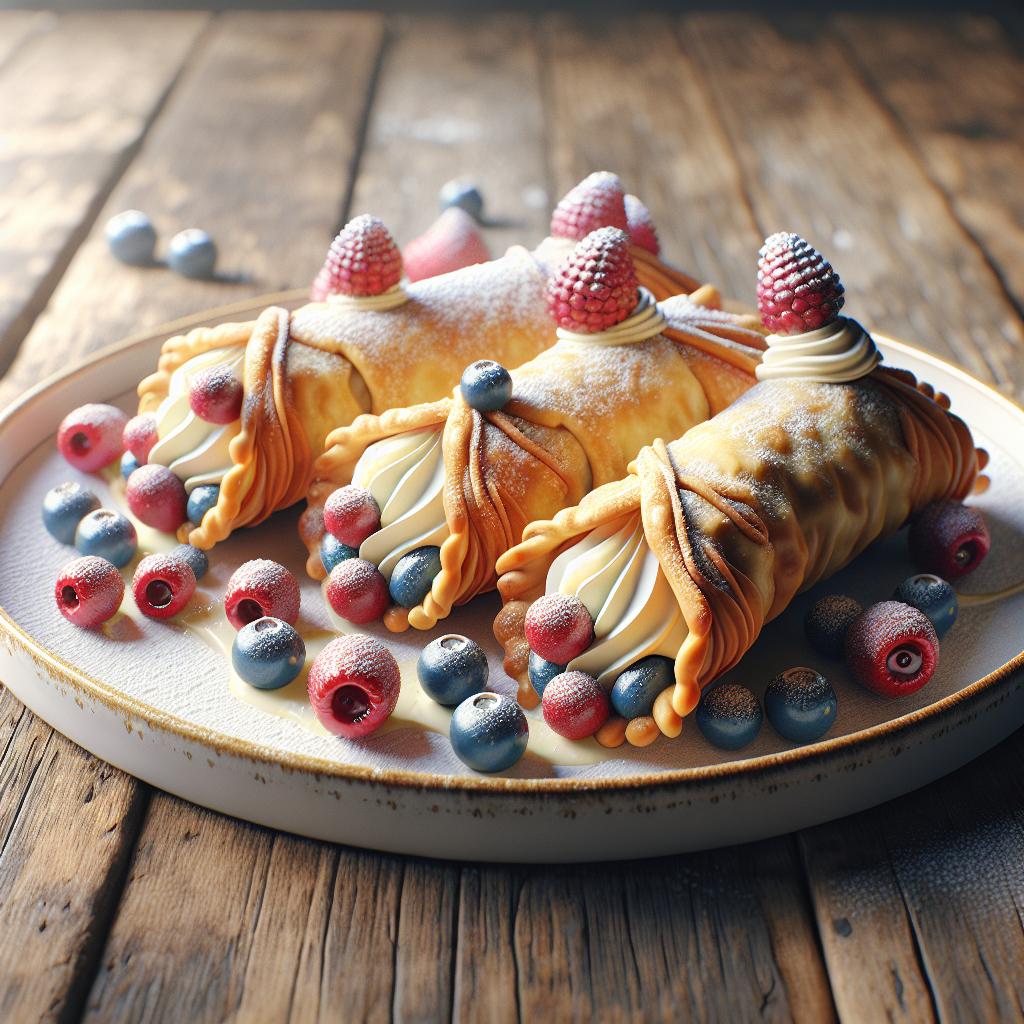 Cannoli de pasta filo con merengue de frutos rojos