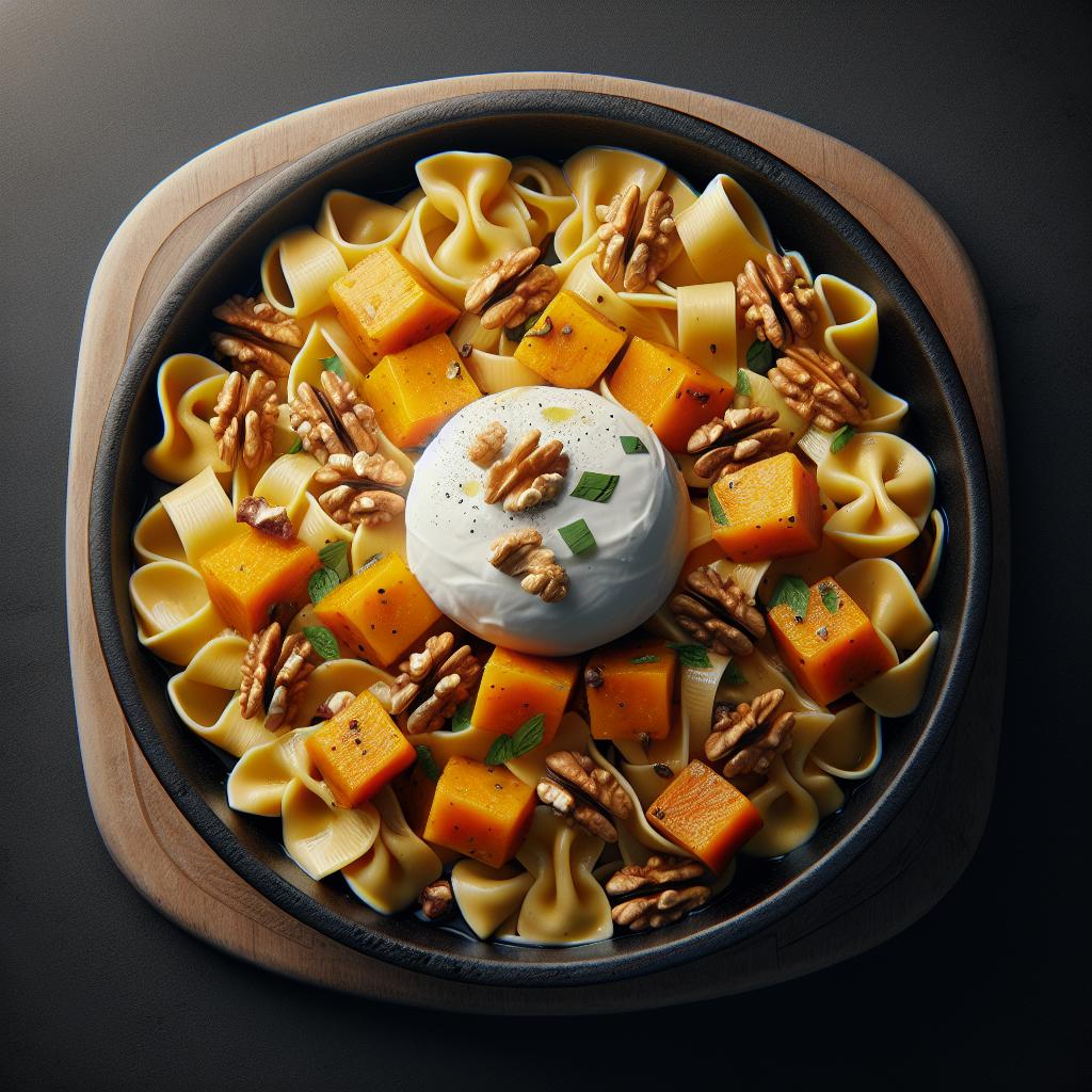Casarecce con calabaza, nueces y burrata