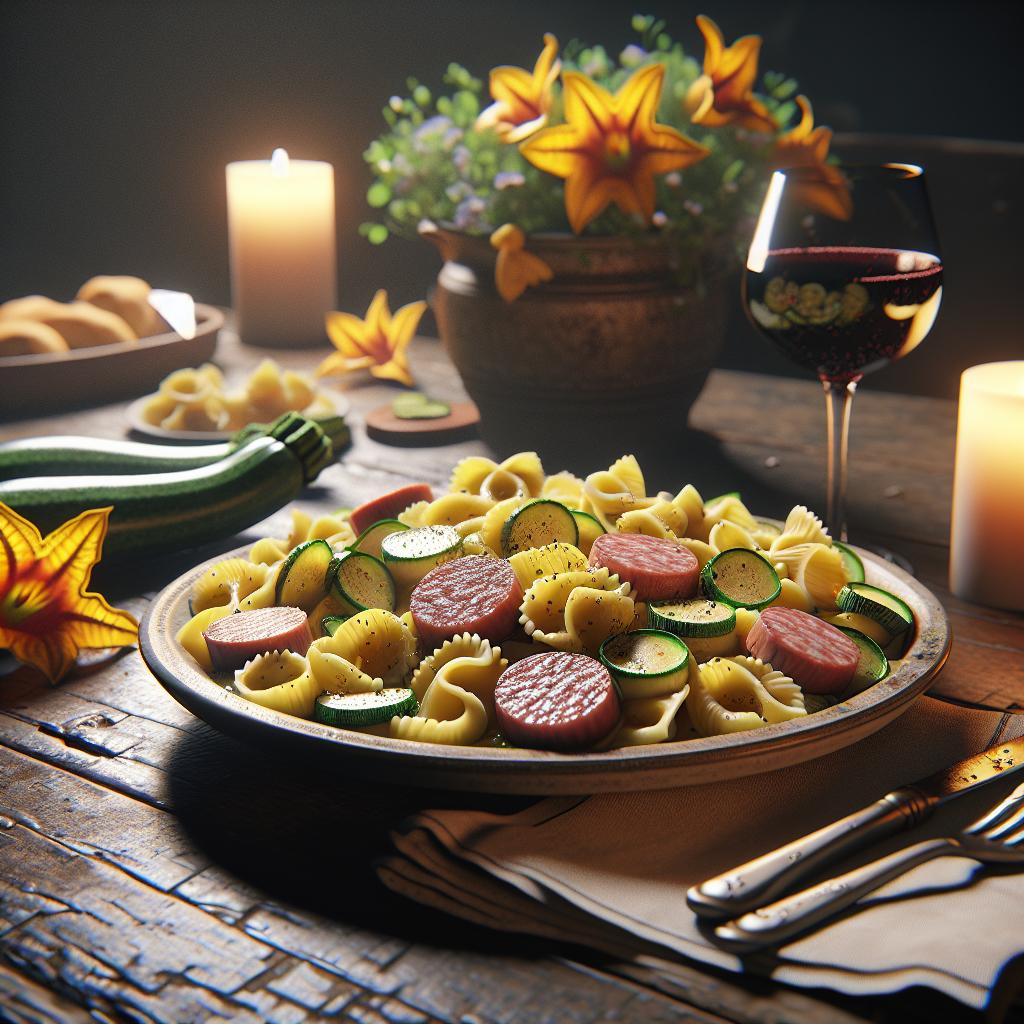 Cavatelli con salchicha y flores de calabaza