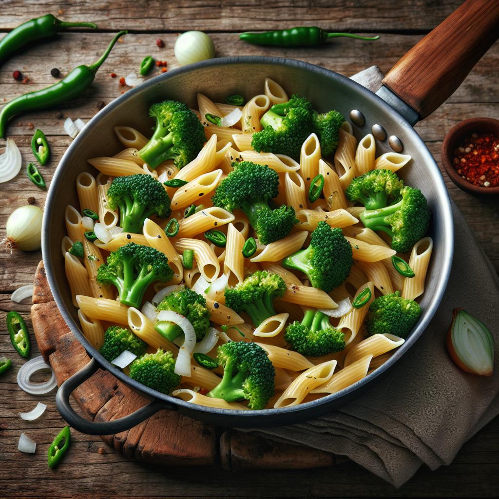 Cavatoni con brócolis, cebolla y chile