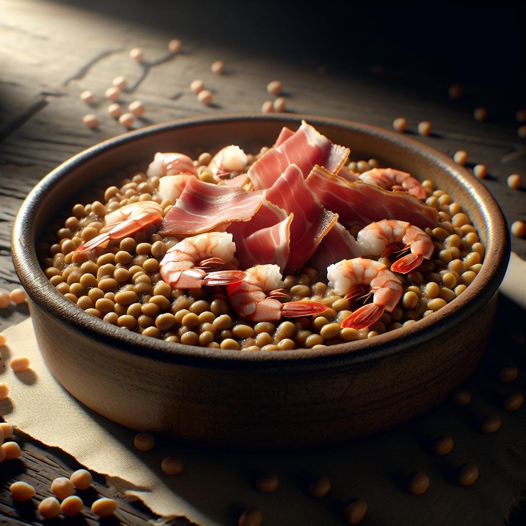 Granos de harina de legumbres con gambas y speck