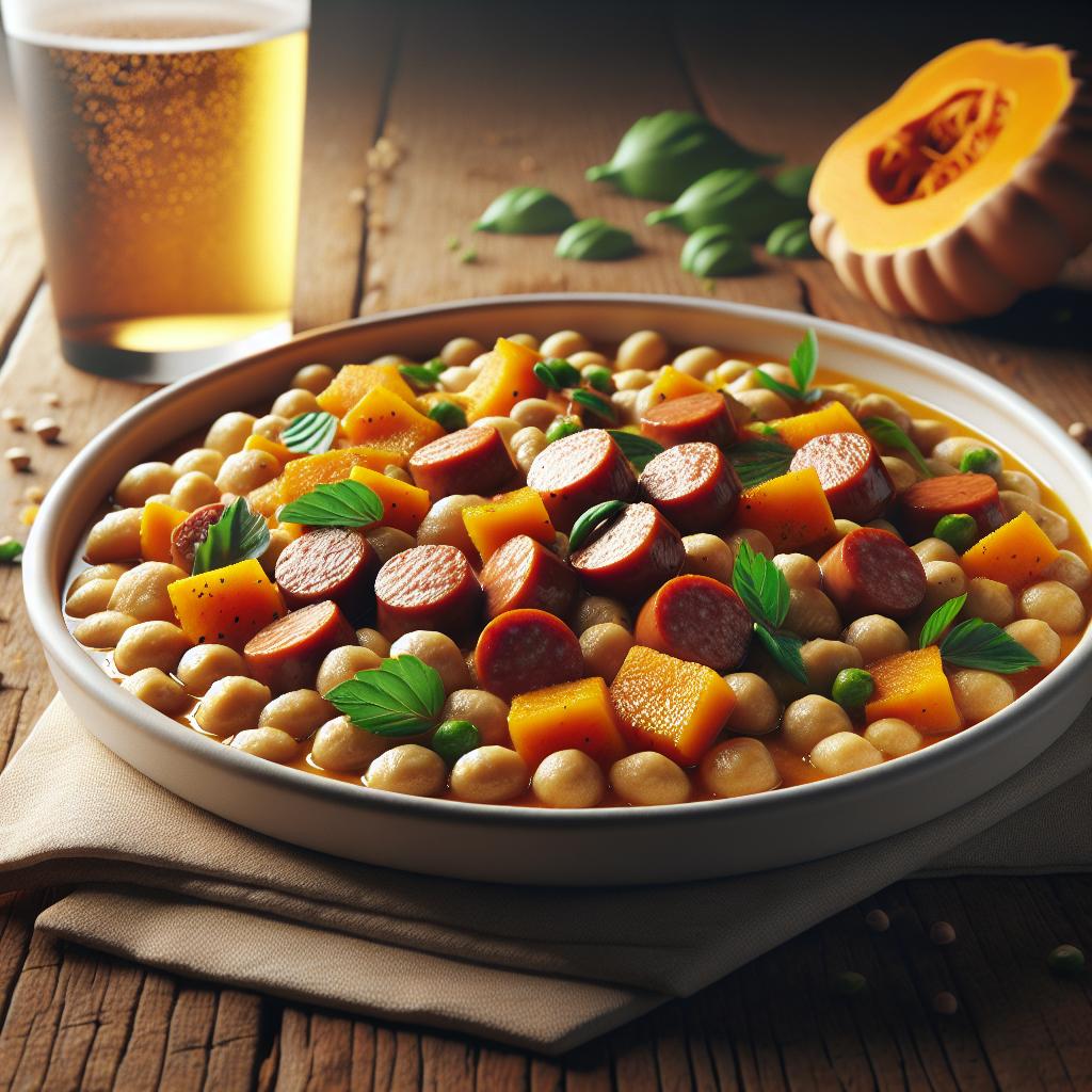 Granos de harina de legumbres con salchicha y calabaza a la cerveza