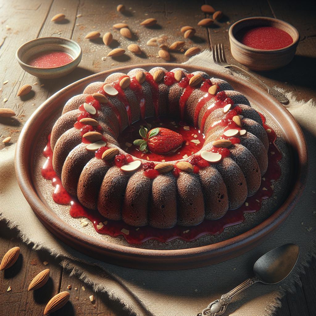 Rosca con cacao y almendras con salsa de frutos rojos