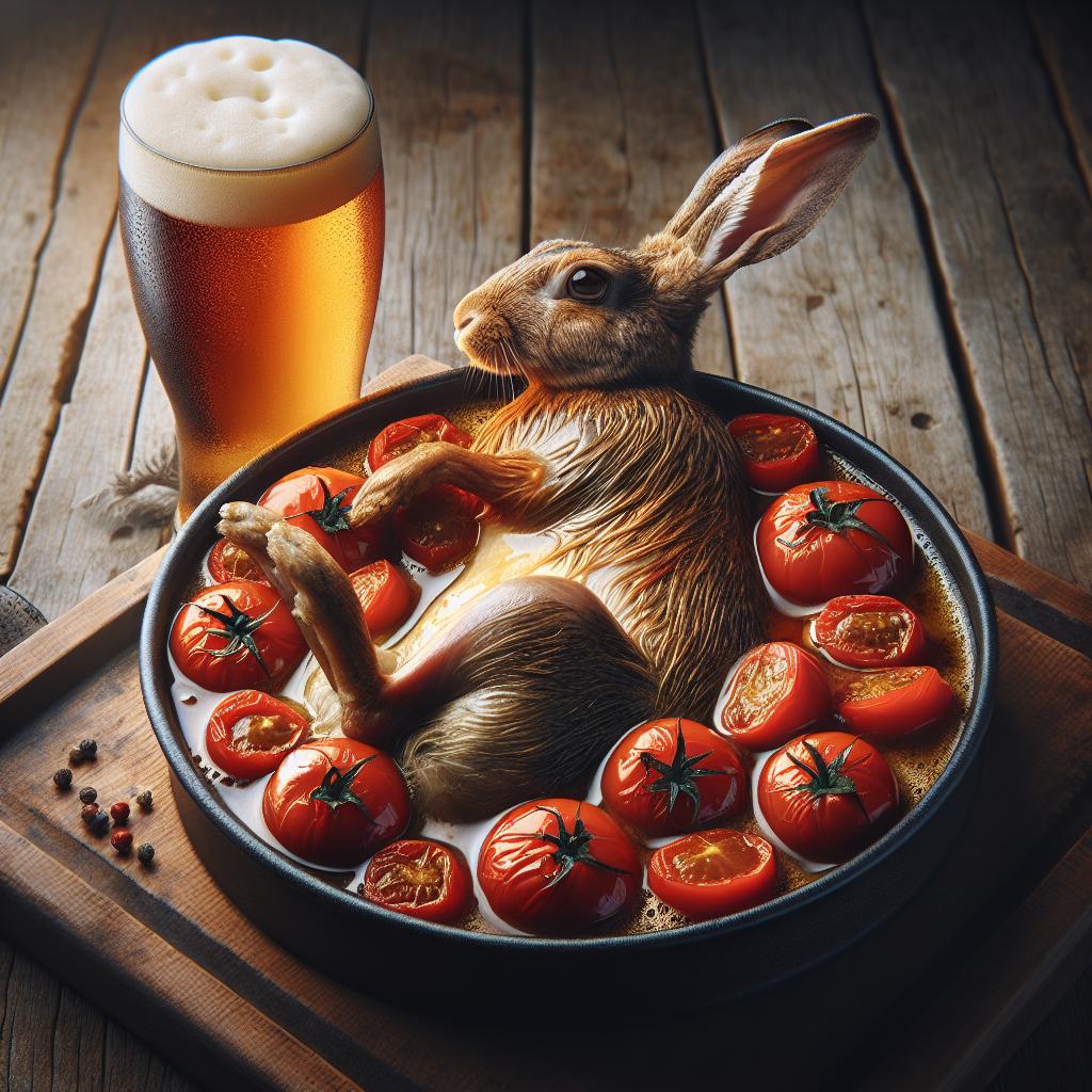 Conejo a la cerveza con tomates cherry confitados