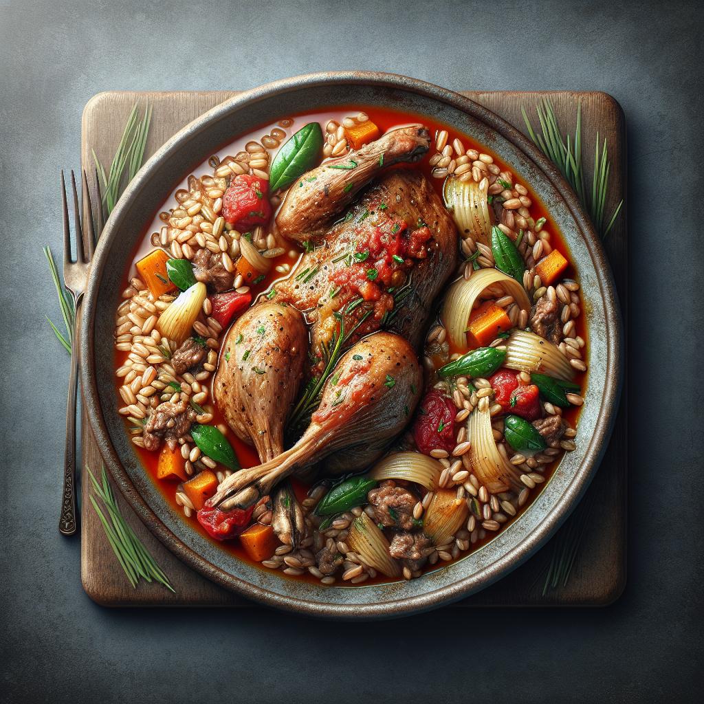 Conejo guisado con farro