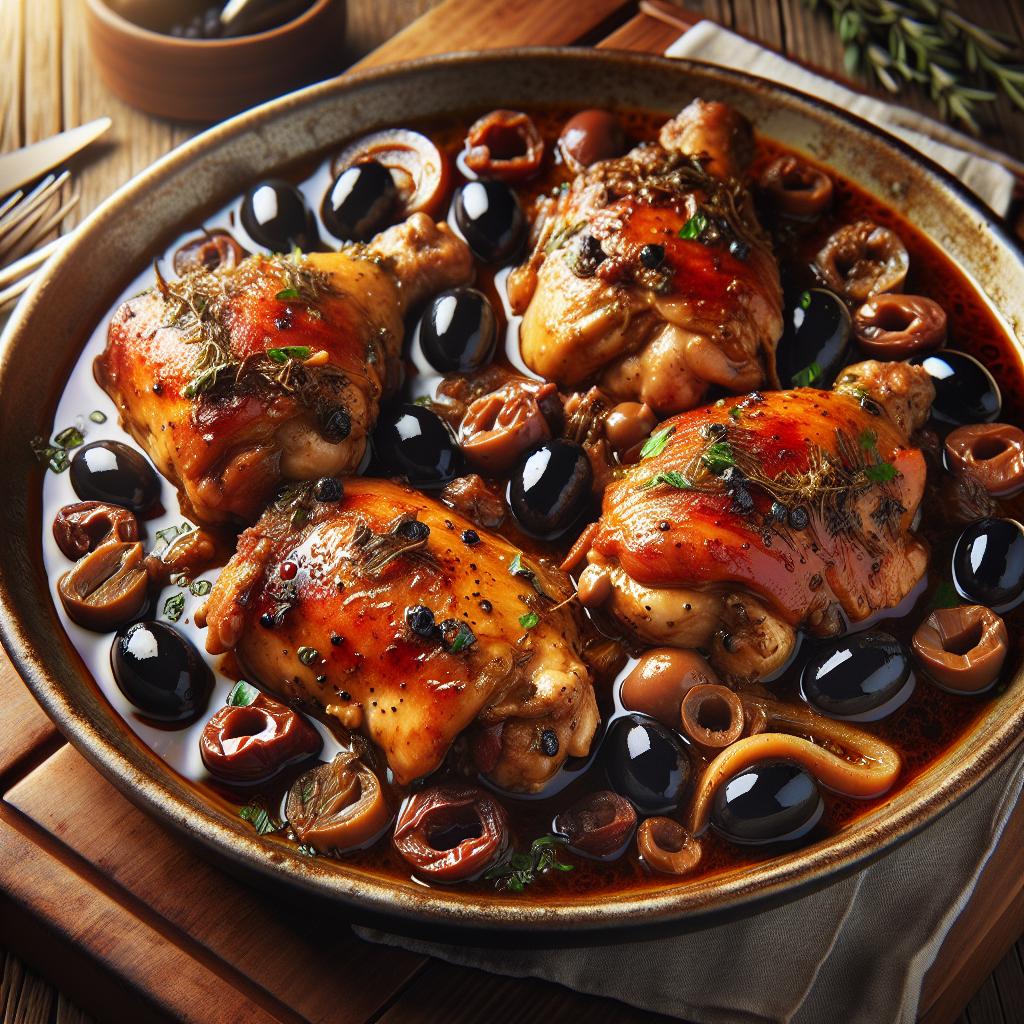 Muslos de pollo al mirto y aceitunas negras
