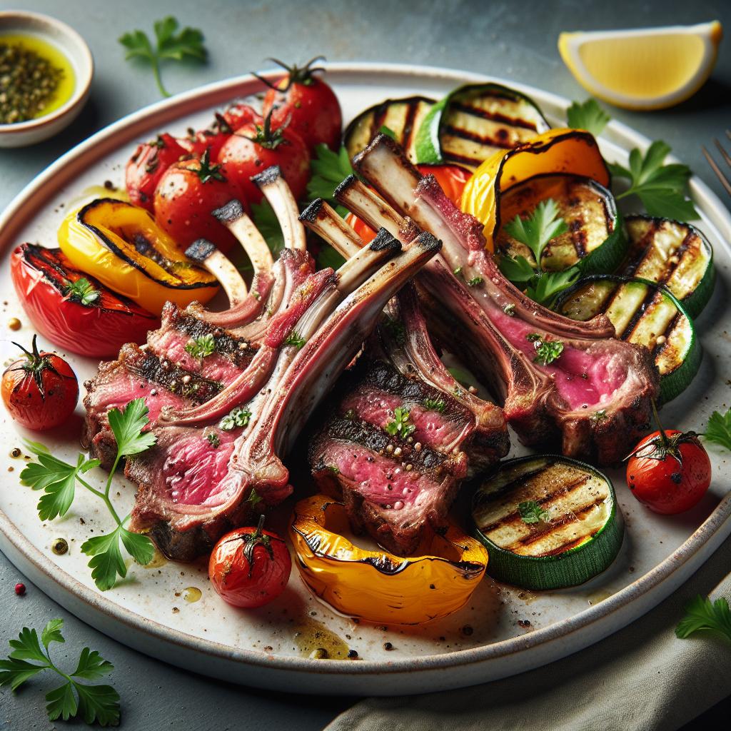 Chuletas de cordero marinadas con verduras a la parrilla