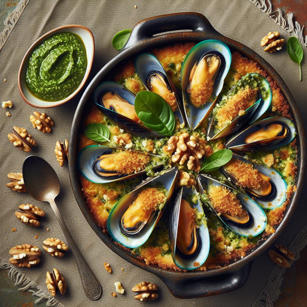 Mejillones gratinados al horno con pesto de nueces
