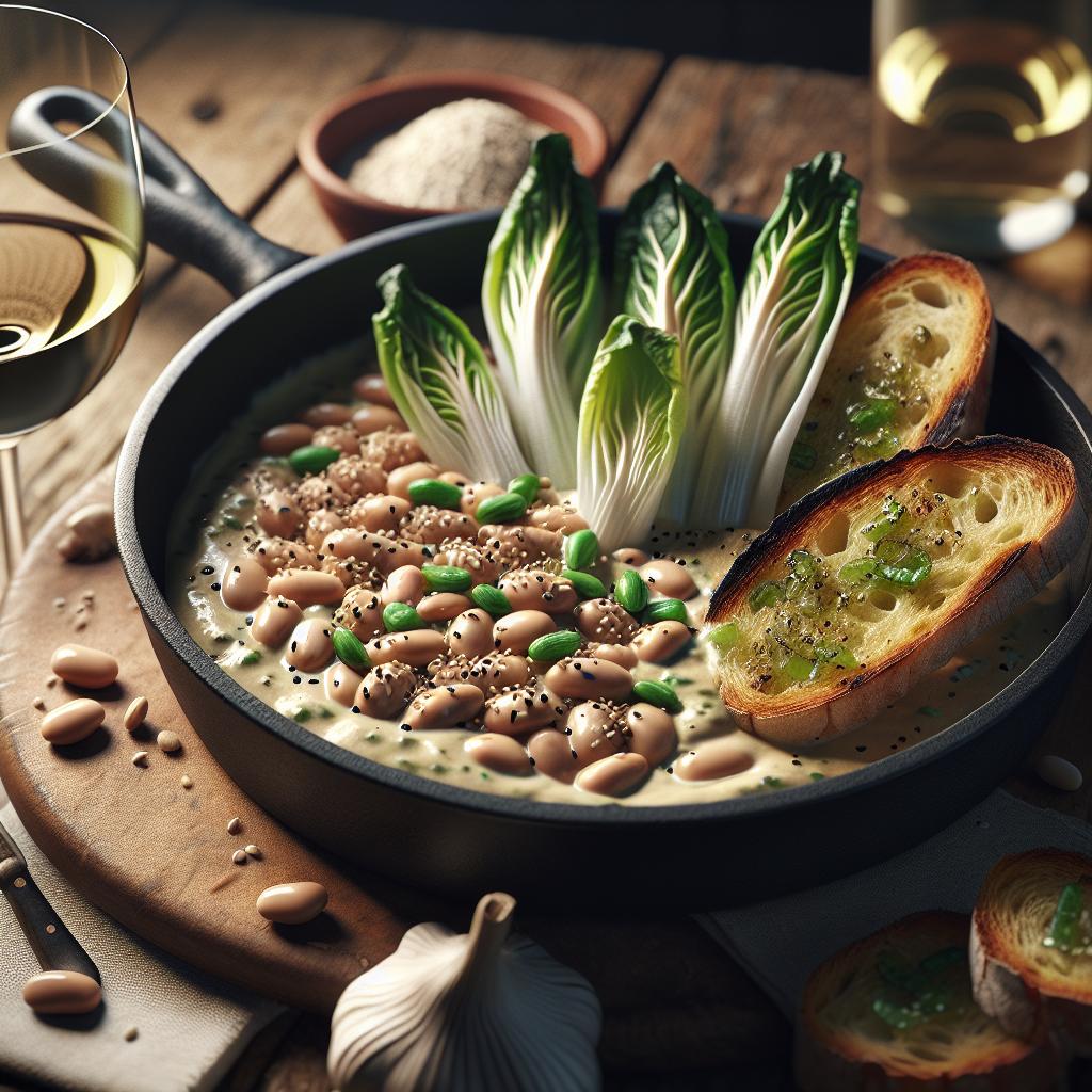 Crema de habas con escarola y crotones