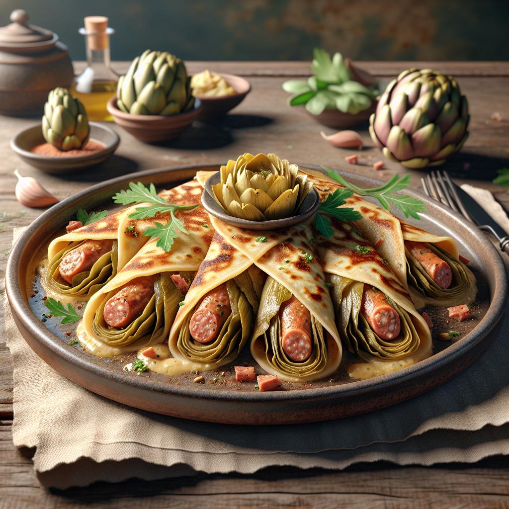 Crespeles rellenos de alcachofas y salchicha