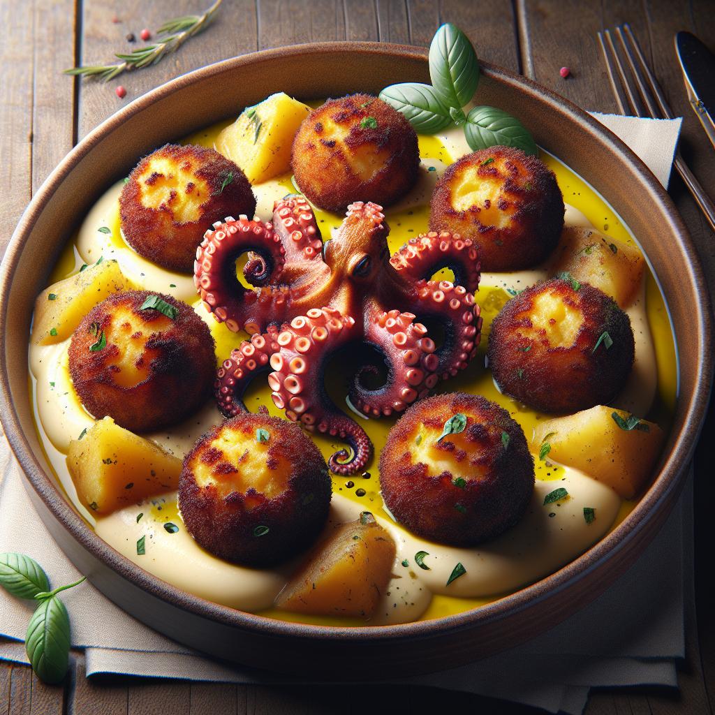 Croquetas de pulpo sobre crema de patatas al azafrán
