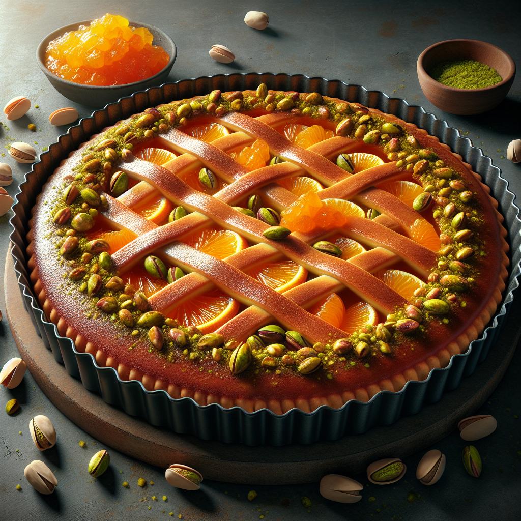 Crostata de pistachos y naranja con confitura de albaricoques