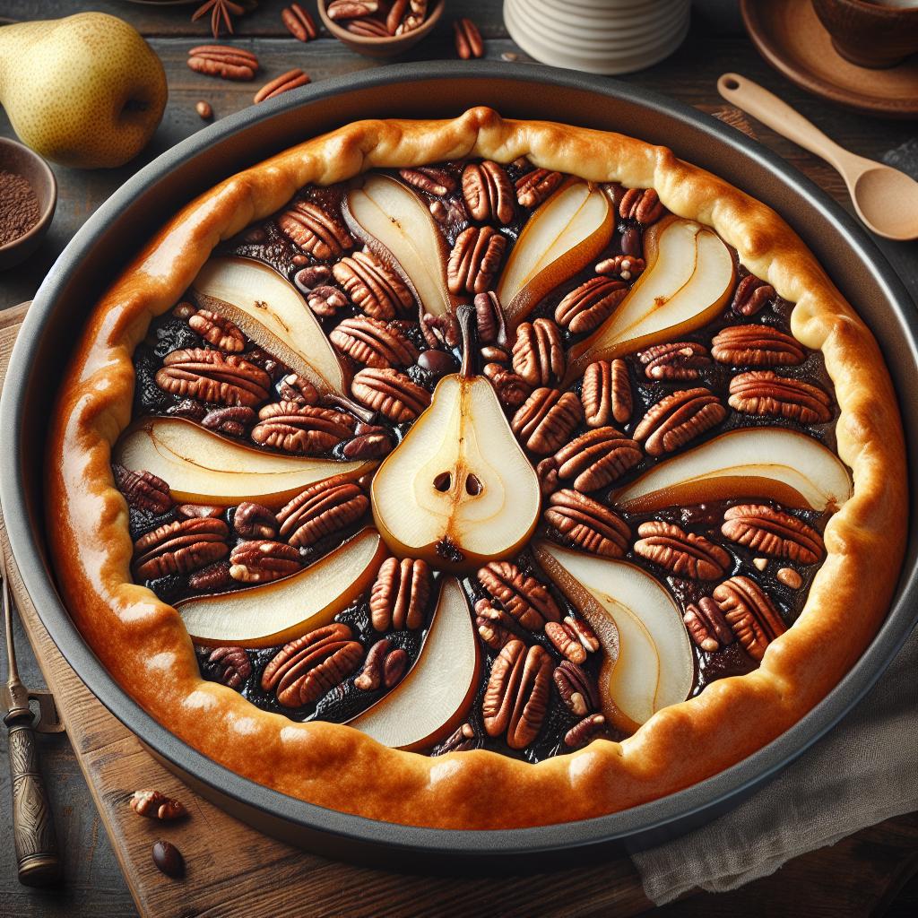 Tarta de chocolate con peras y nueces pecanas