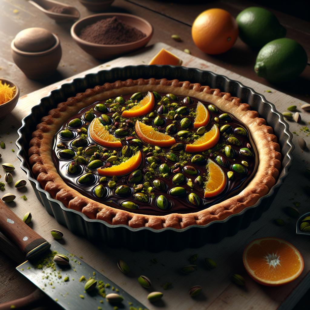Tarta al chocolate, pistachos y naranja