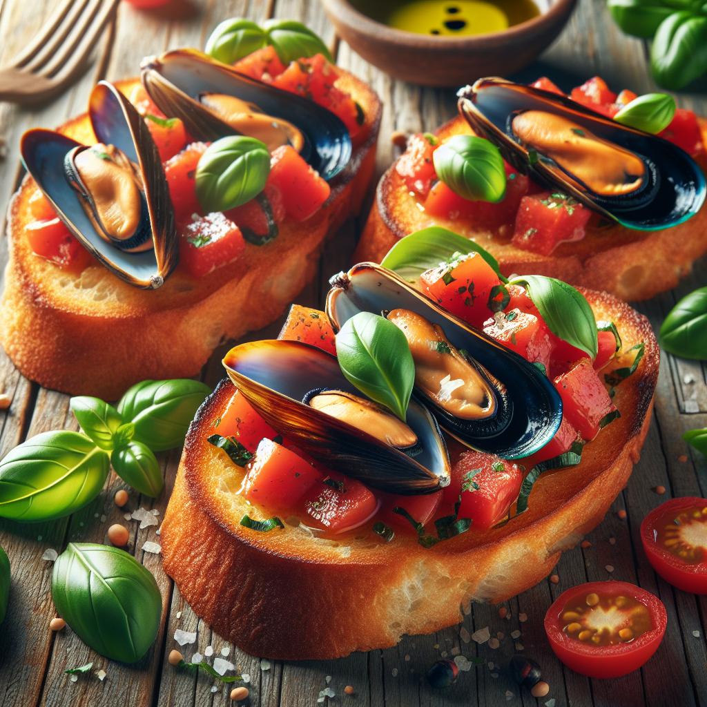 Crostini de mejillones y tomates cherry