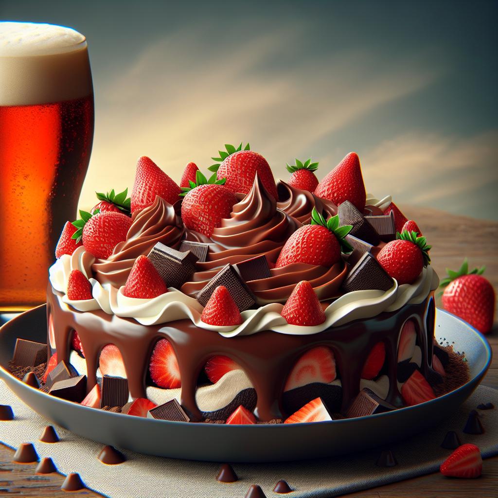 Postre de chocolate, cerveza y fresas