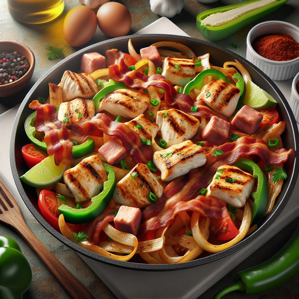 Fajitas de pollo y cubitos de panceta ahumada