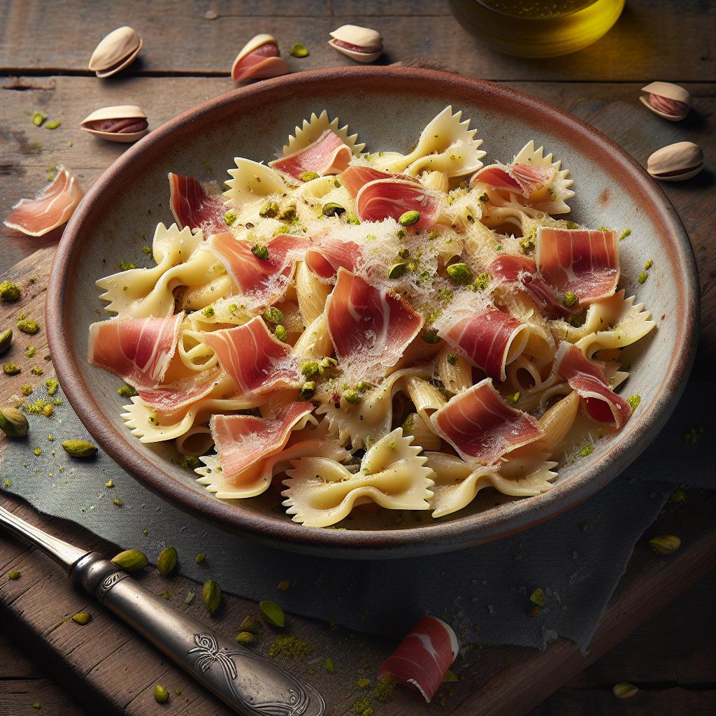 Farfalle con crema de parmesano, speck y pistachos