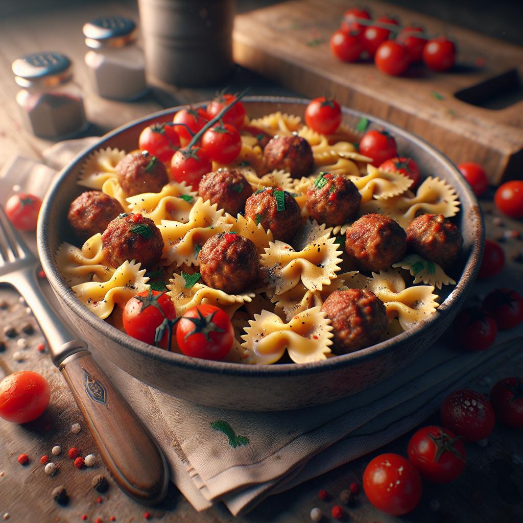 Farfalle con albóndigas especiadas y tomates cherry