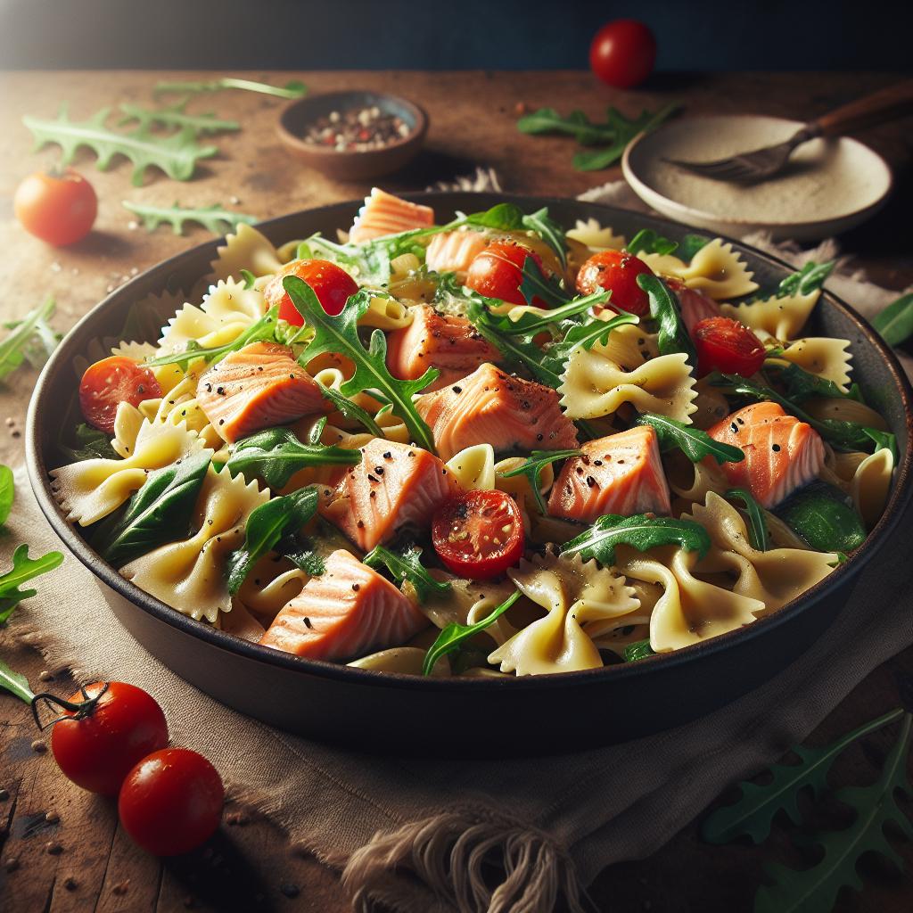 Farfalle con salmón, rúcula y tomates cherry