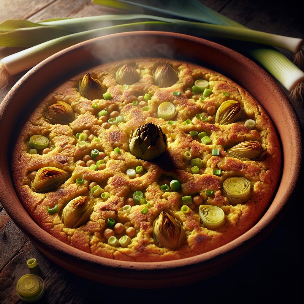 Farinata de garbanzos con puerros y alcachofas