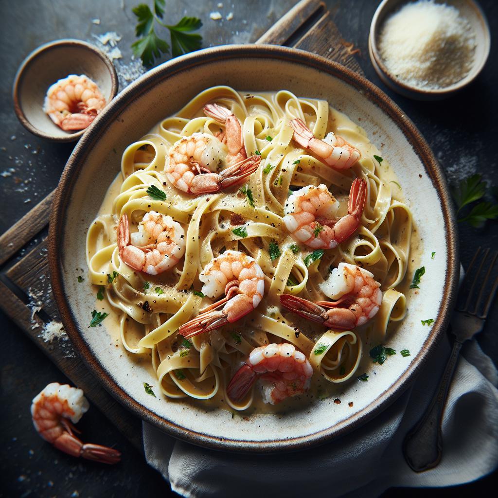 Fettuccine a la crema de gambas y brandy