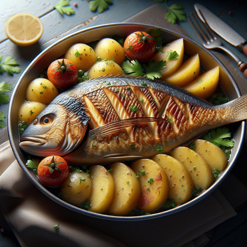Filetes de dorada y patatas en sartén