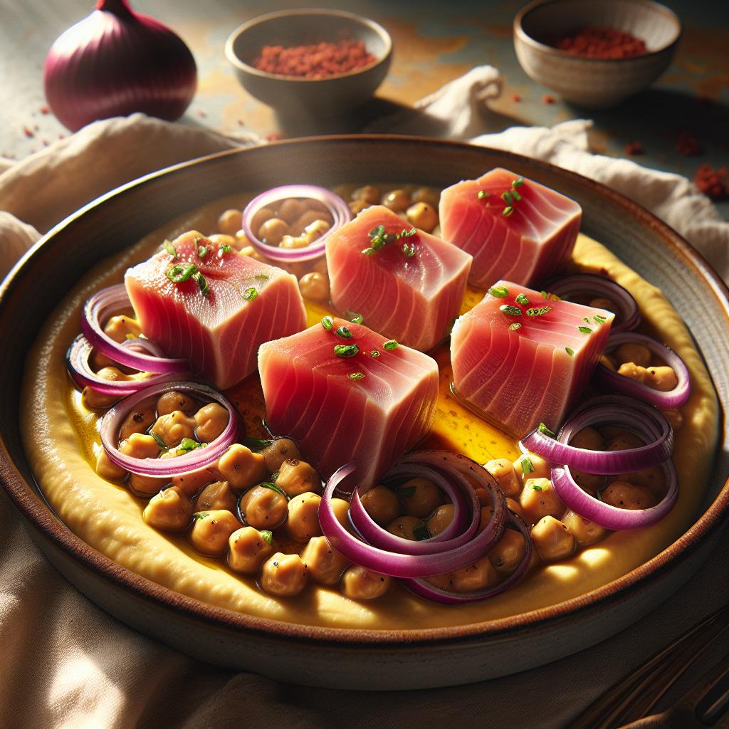 Filetes de atún sobre crema de garbanzos y cebollas rojas