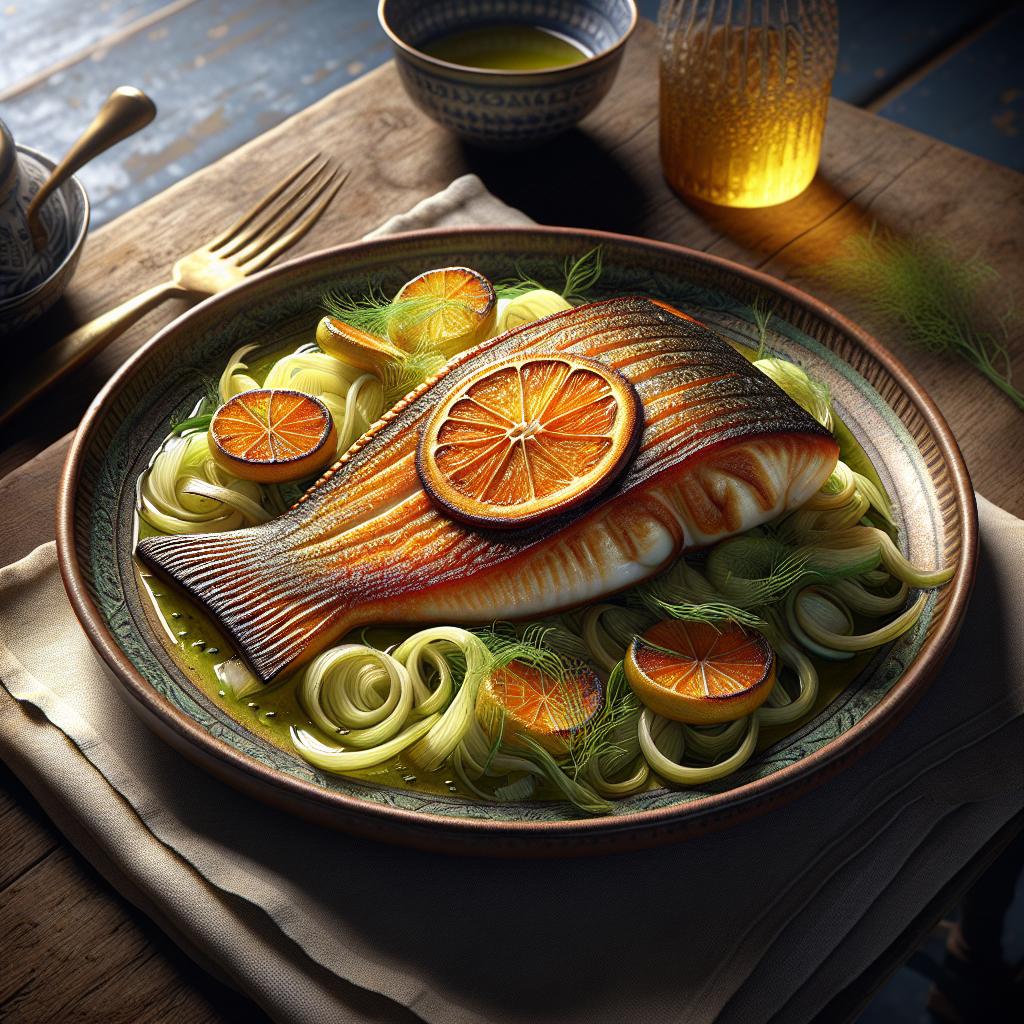 Filete de lubina a la naranja sobre ensalada de hinojos