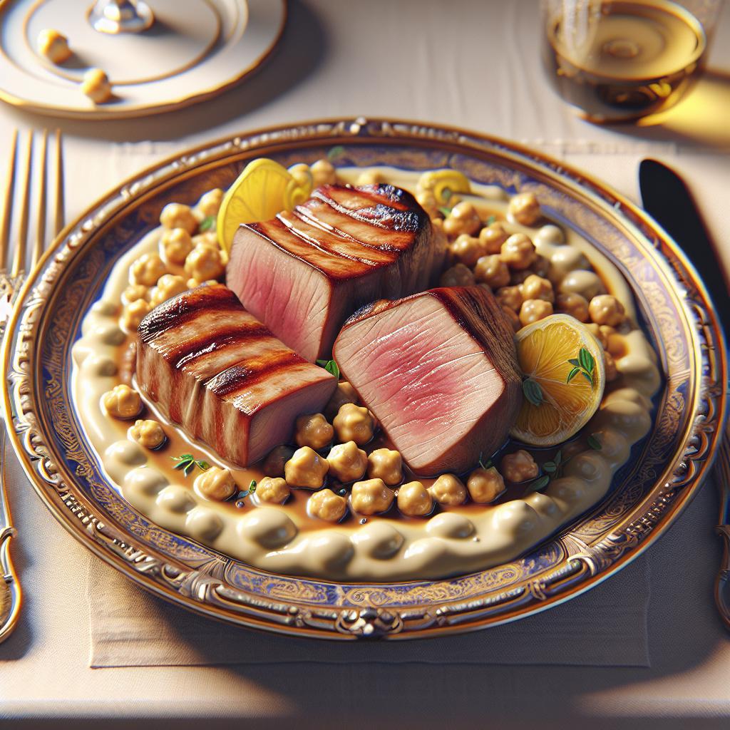 Filete de cerdo con crema de garbanzos al limón