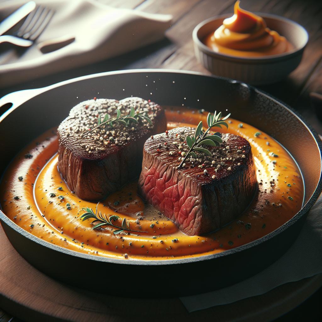 Filete de ternera al pimiento con crema de calabaza