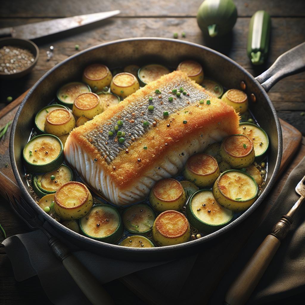 Filete de pescado en costra de patatas y calabacines
