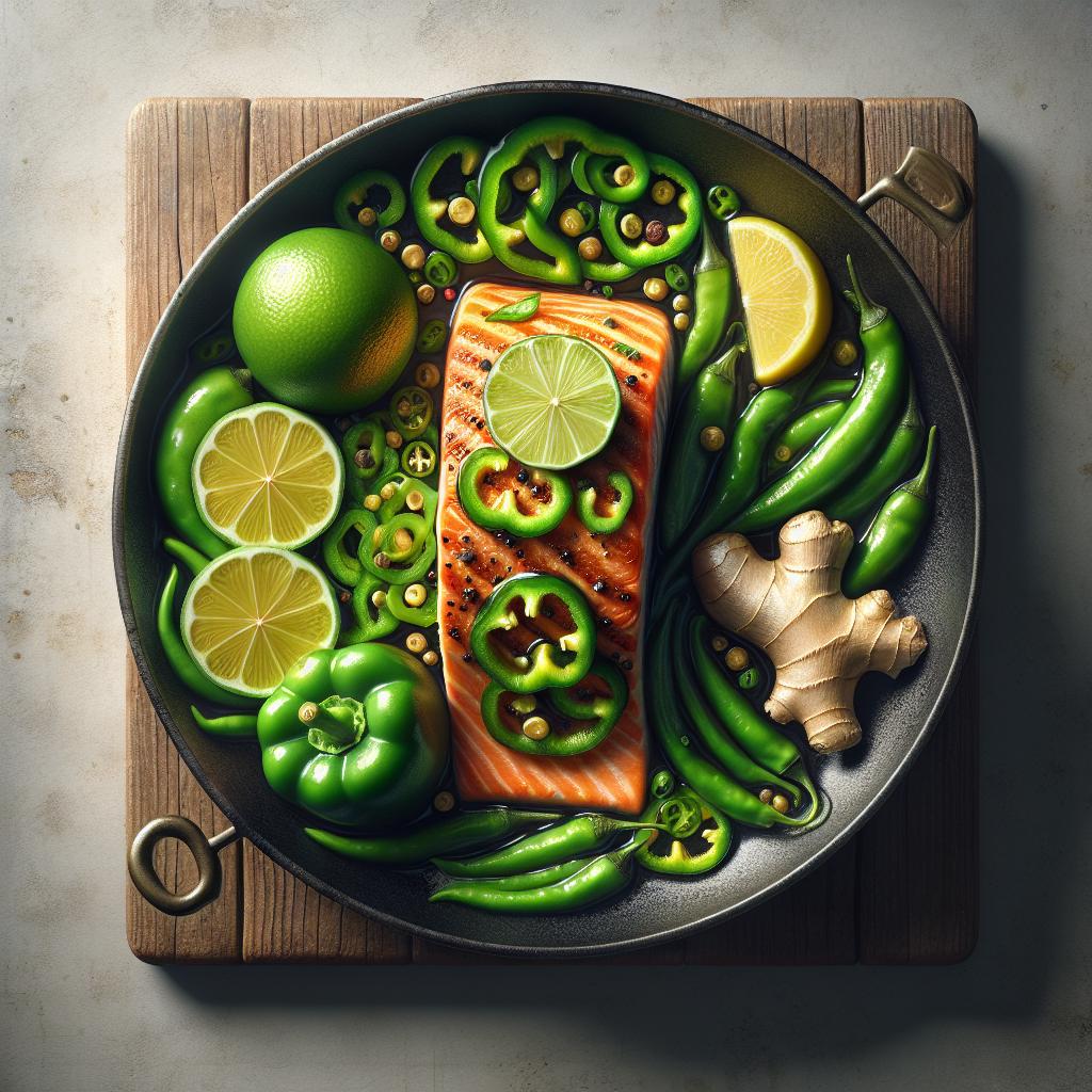 Filete de salmón con pimienta verde, jengibre y lima