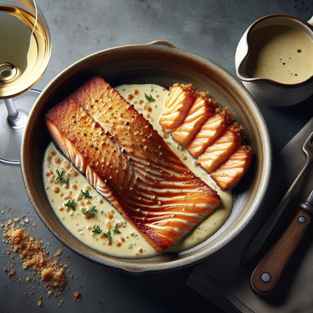 Filete de salmón crujiente con salsa Chardonnay