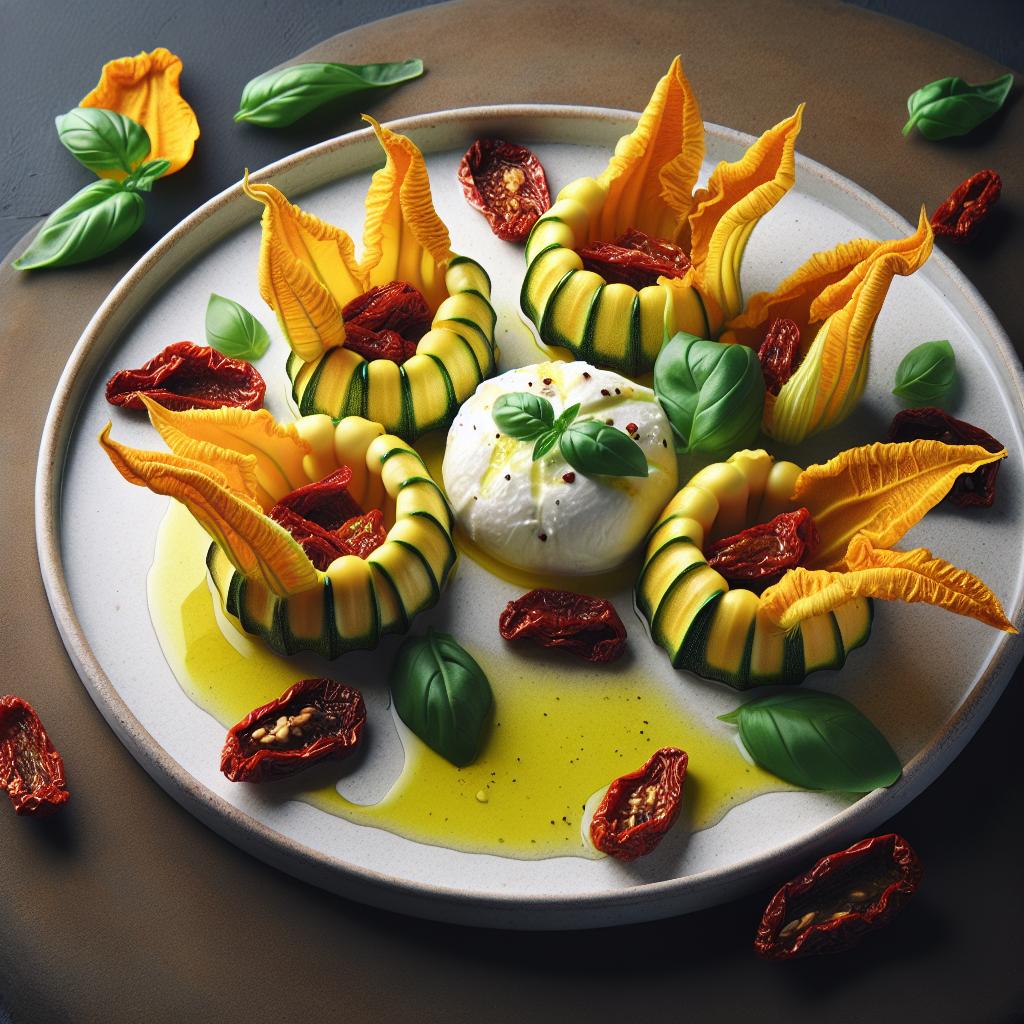 Flores de calabacín rellenas de burrata y tomates secos