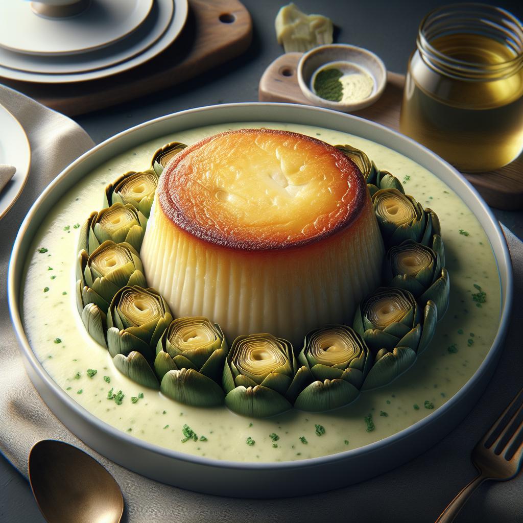 Flan de bacalao sobre crema de alcachofas