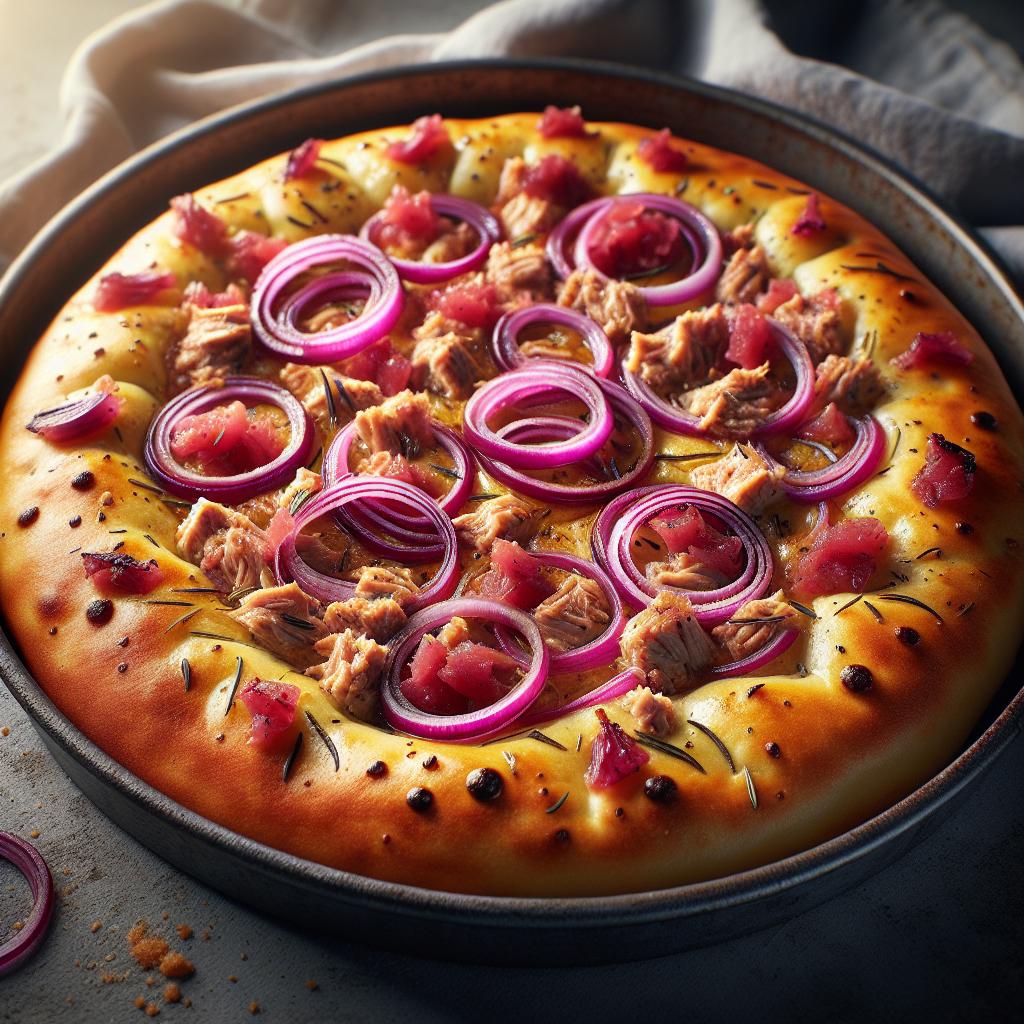 Focaccia con cebollas rojas y atún