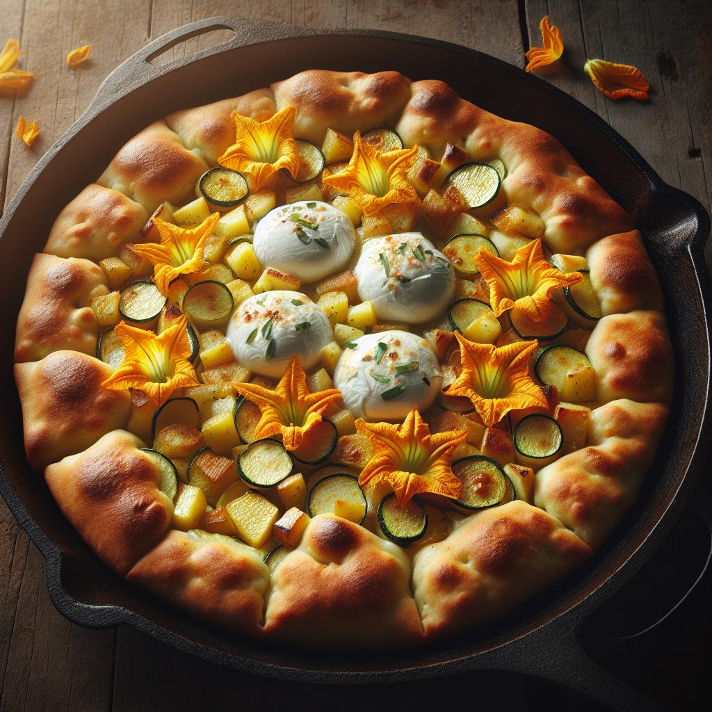 Focaccia de patatas con burrata y flores de calabaza