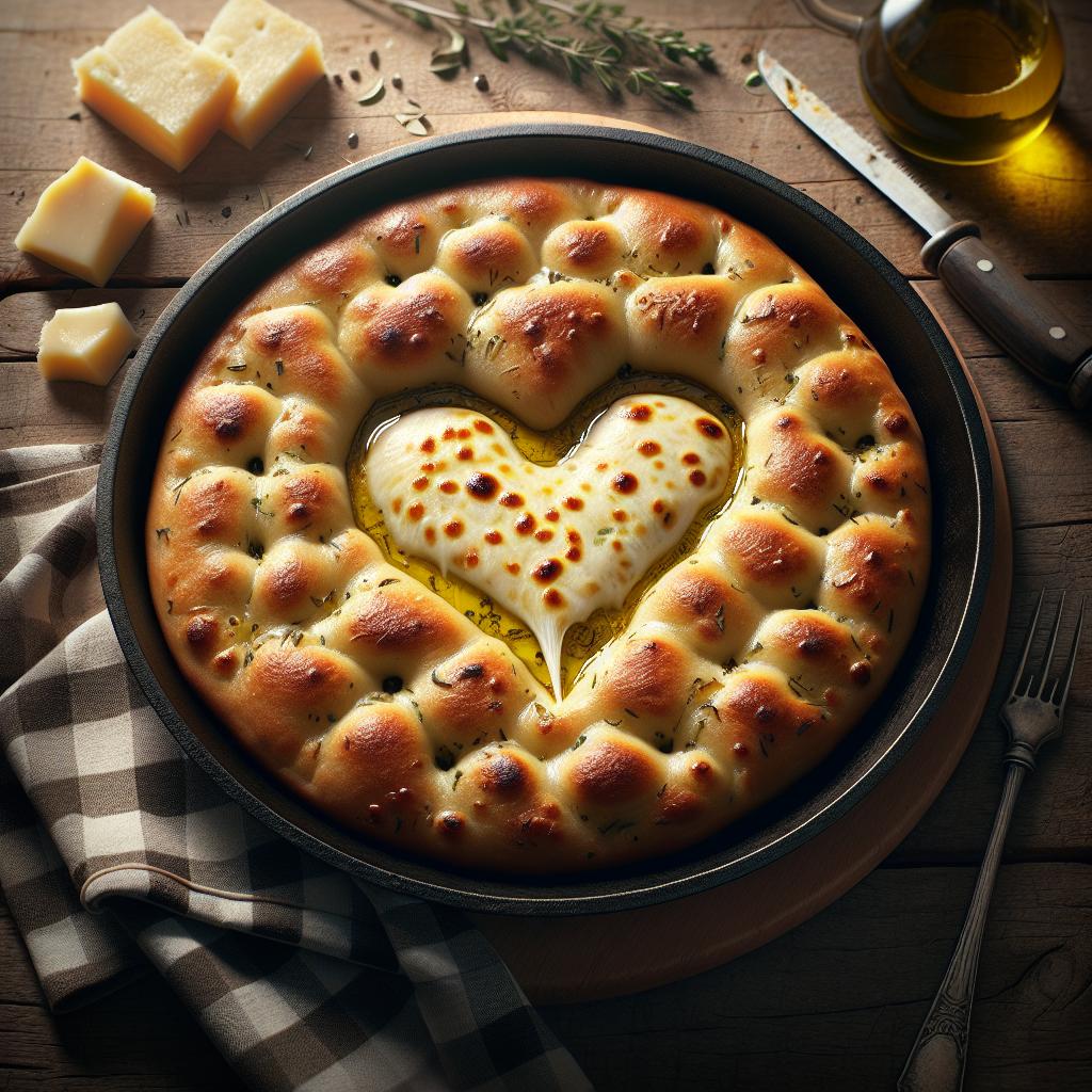 Focaccia de patatas en sartén con corazón filante