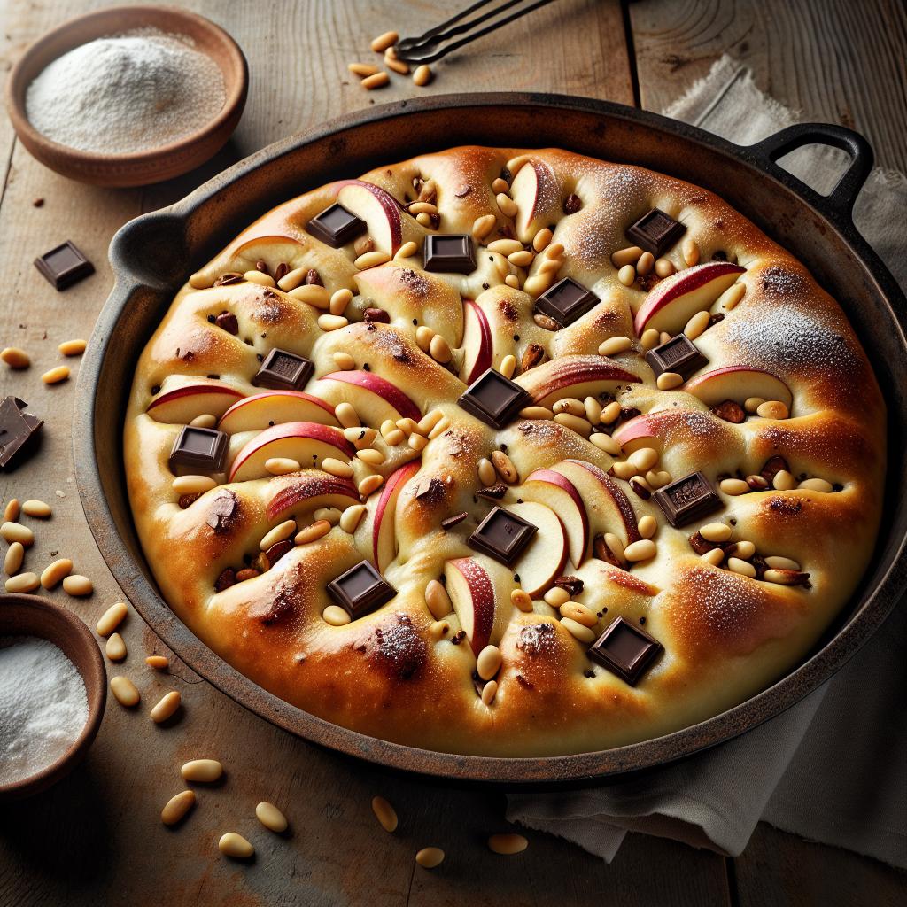 Focaccia dulce con manzanas, piñones y chocolate