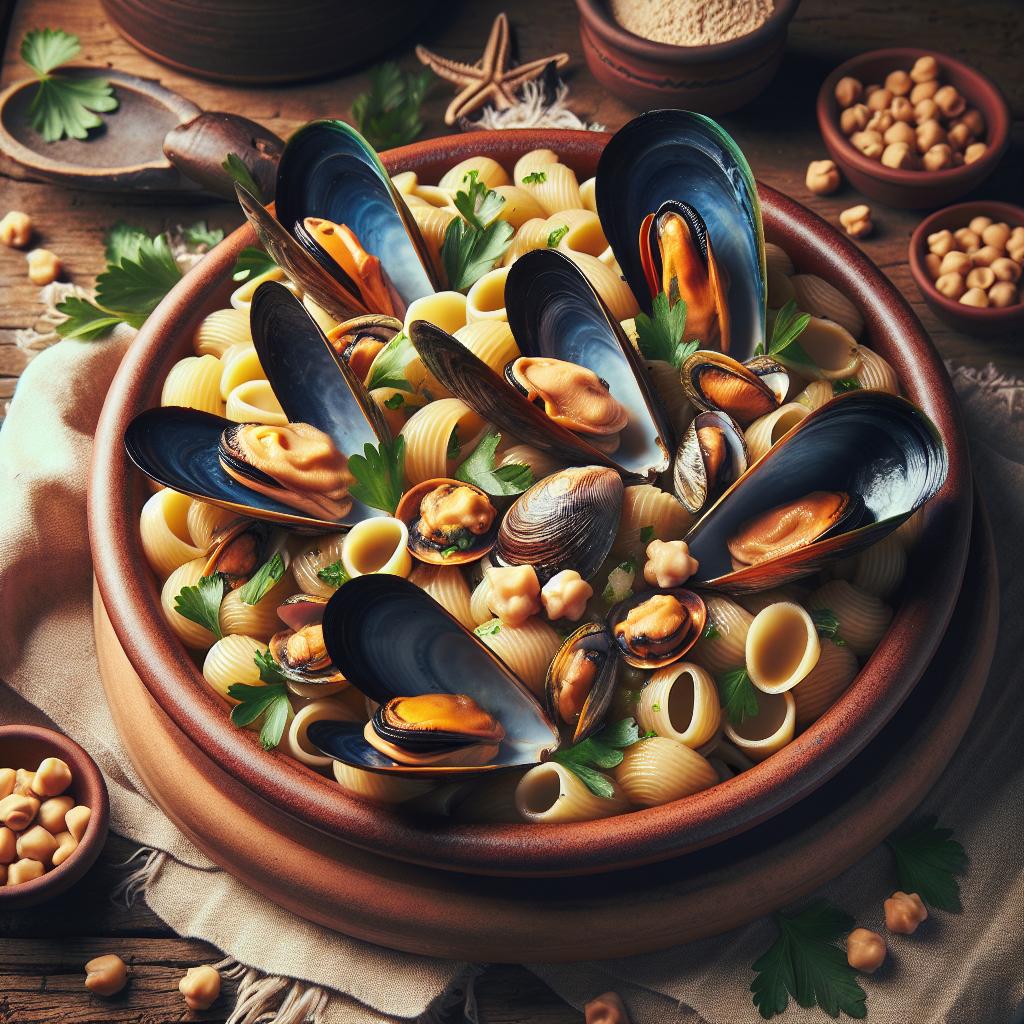 Fregola con mejillones, almejas y garbanzos