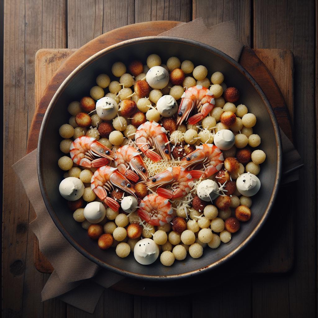 Fregola con gambas, stracciatella y regaliz